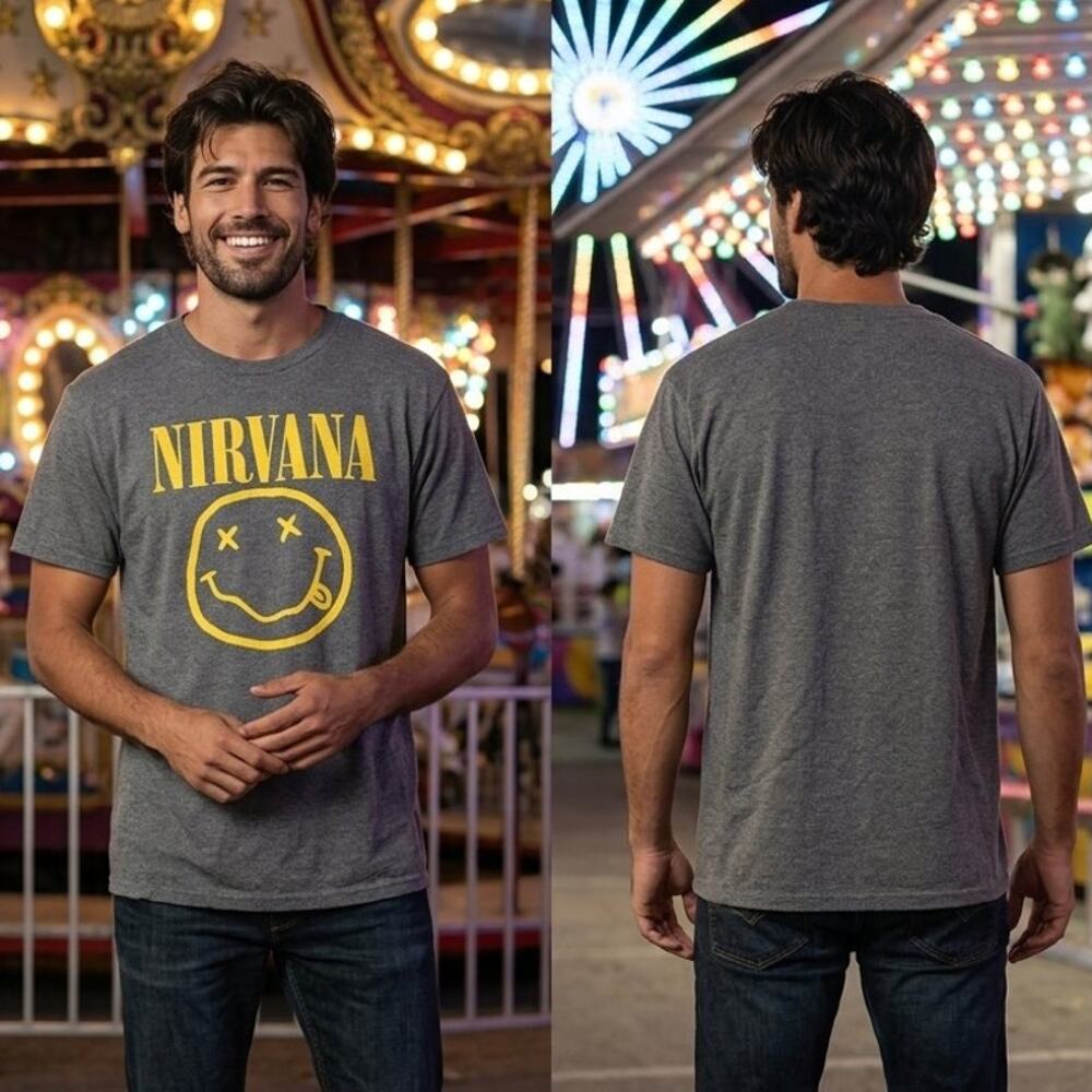 Nirvana Yellow Smiley Logo Gray Graphic T Shirt Men’s Size XS 30-32 Band Tee